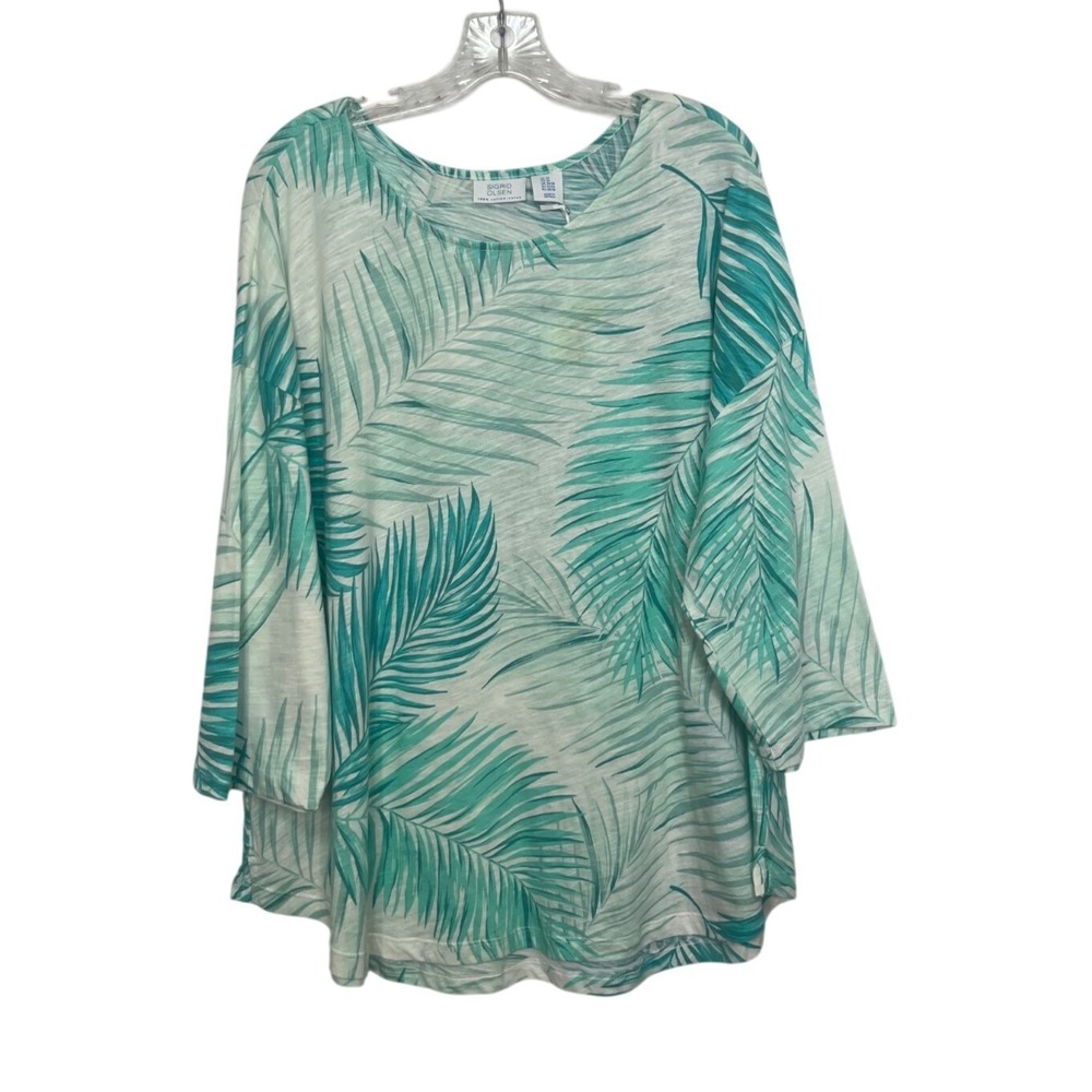 Sigrid Olsen Palm Print Long Sleeve Top Shirt 3X Green New Cotton 3/4 Sleeves